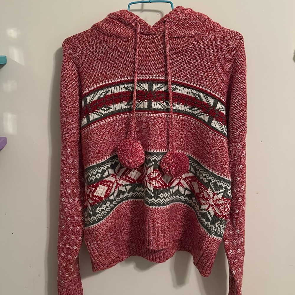 Teen’s XL Yet Again Cropped Sweater with Pom Poms and Fuzzy Hood